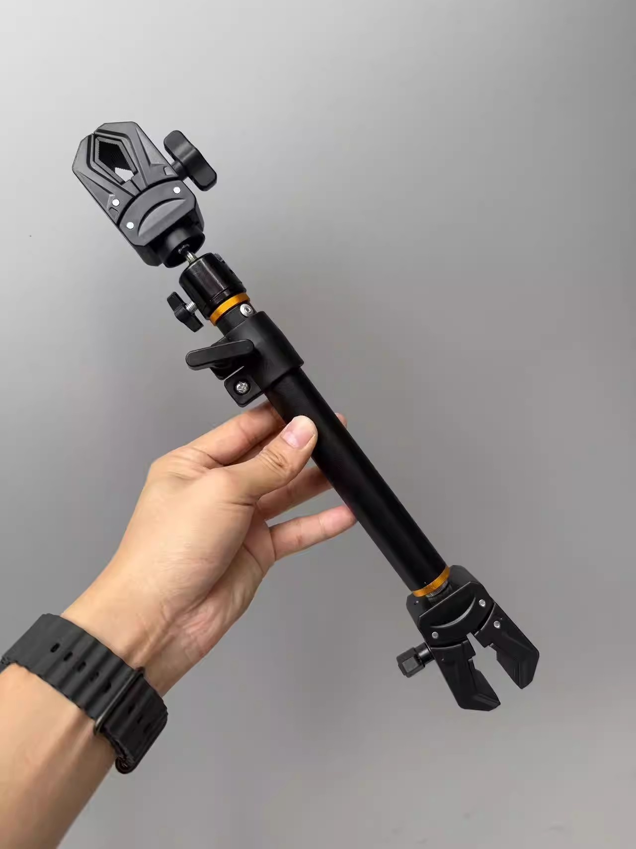 Lacrosse Stick Head - ダブルヘッド厚みのあるメカニズムクランプ付き自撮り棒、固定クリップ付き伸縮ロッド、360度回転ジンバル、ユニバーサルジョイント