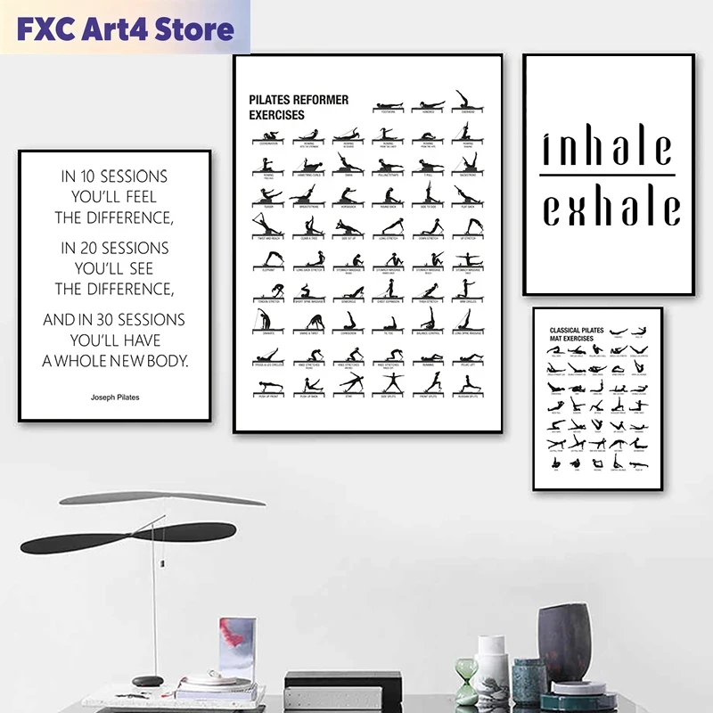 Sports Equipment Poster - フレームレスピラティスワークアウトチャートポスターキャンバスプリントヨガルームの壁装飾、ピラティスギフトボディビルディングガイドフィットネスジム絵画