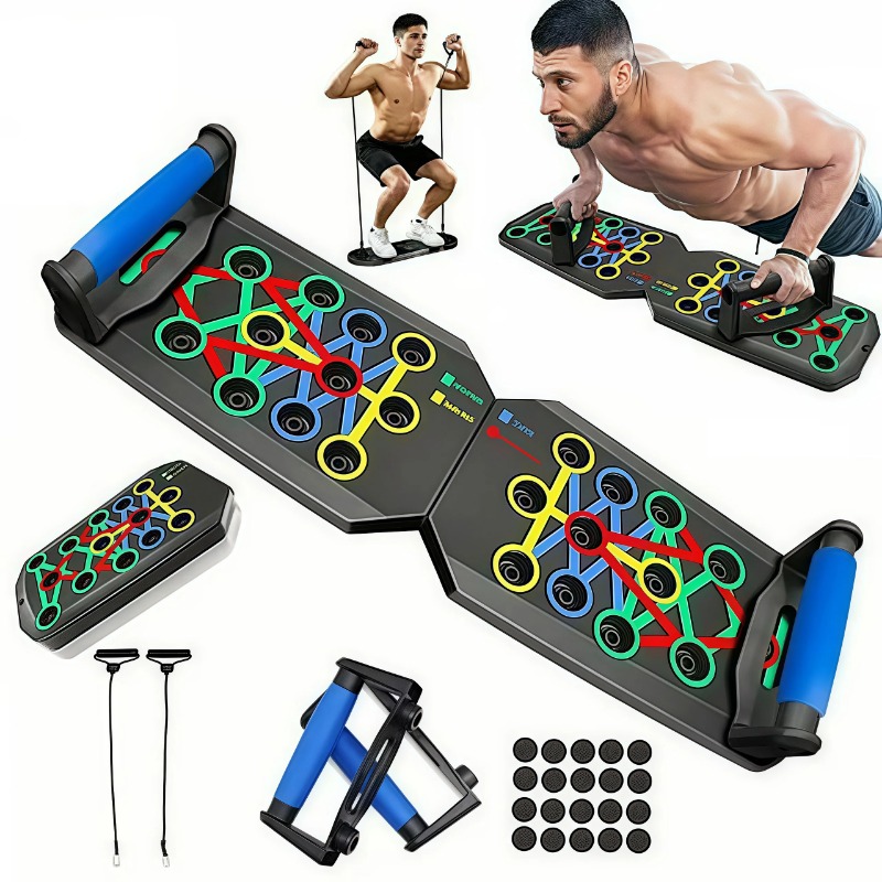 Sports Equipment Pictures - 抵抗バンド付き折りたたみ式プッシュアップボード、多機能プッシュアップバー、ポータブルホームジムトレーニング機器、男性女性向けの胸筋、背中、肩、上腕三頭筋のトレーニングシステム